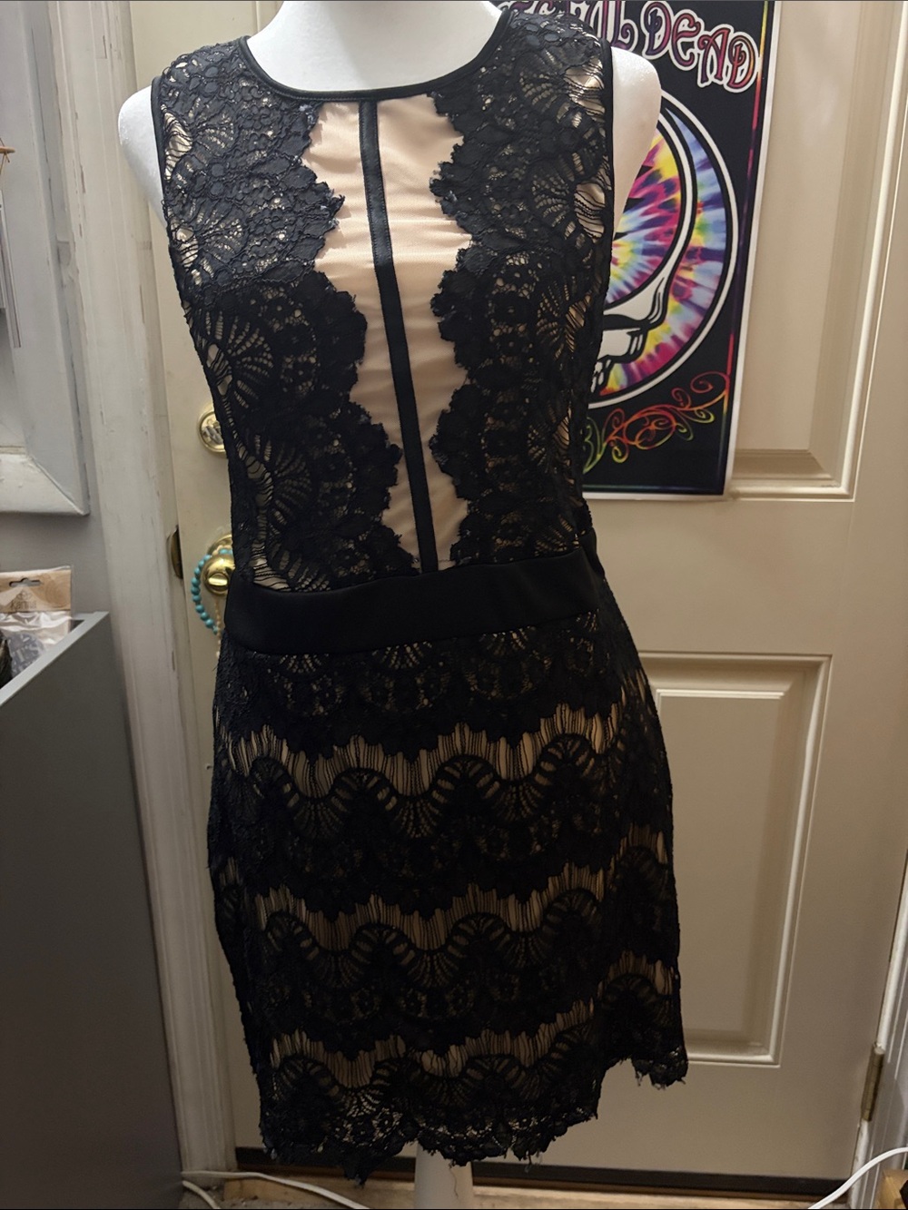 Liberty Love Black Lace Mini Dress with Nude Underlay